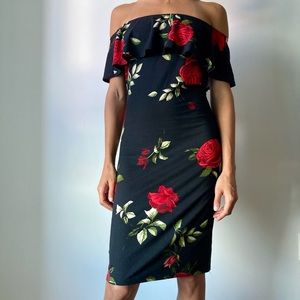 Rose Floral Off The Shoulder Knit Midi Dress Small